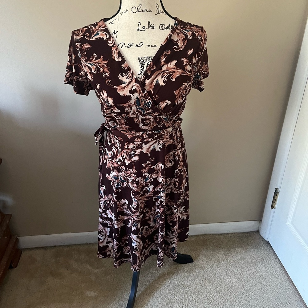 Floral Wrap Midi Dress in Brown and Cream